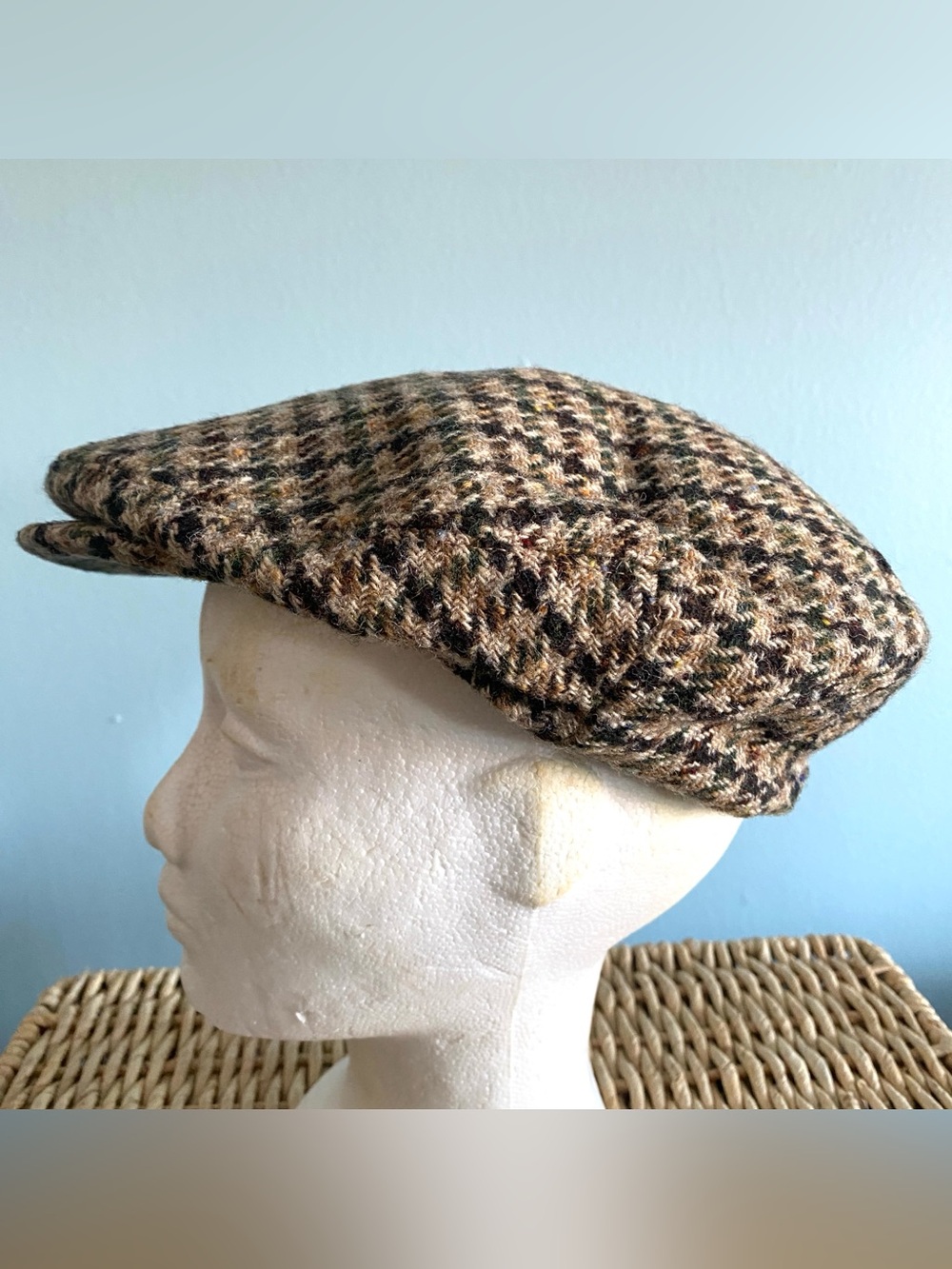 VTG Irish Flat Cap Hat Donegal Wool Houndstooth Unisex Bernard Slowey Weave